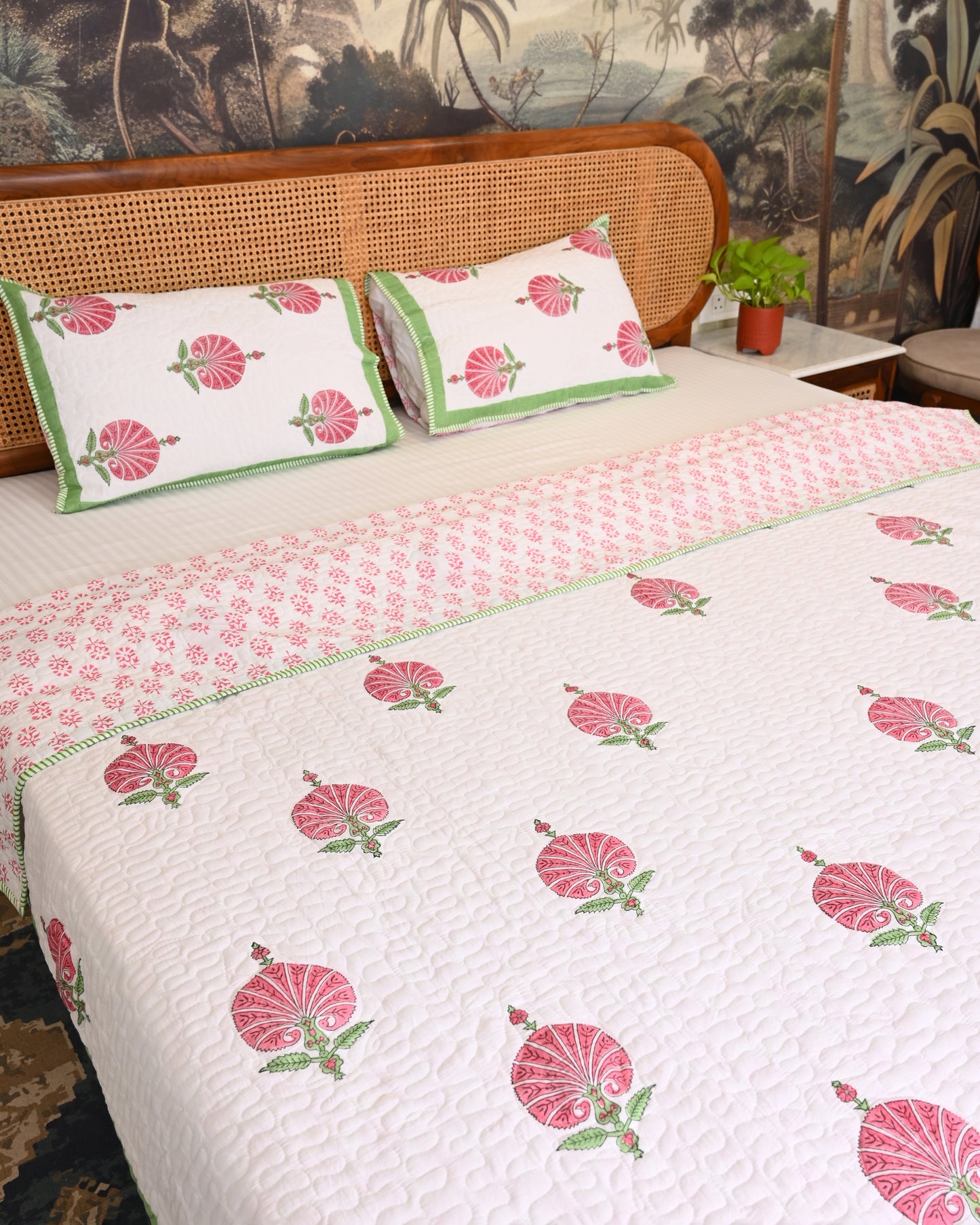 Oorja Hand Block Printed Quilted Bedcover Set