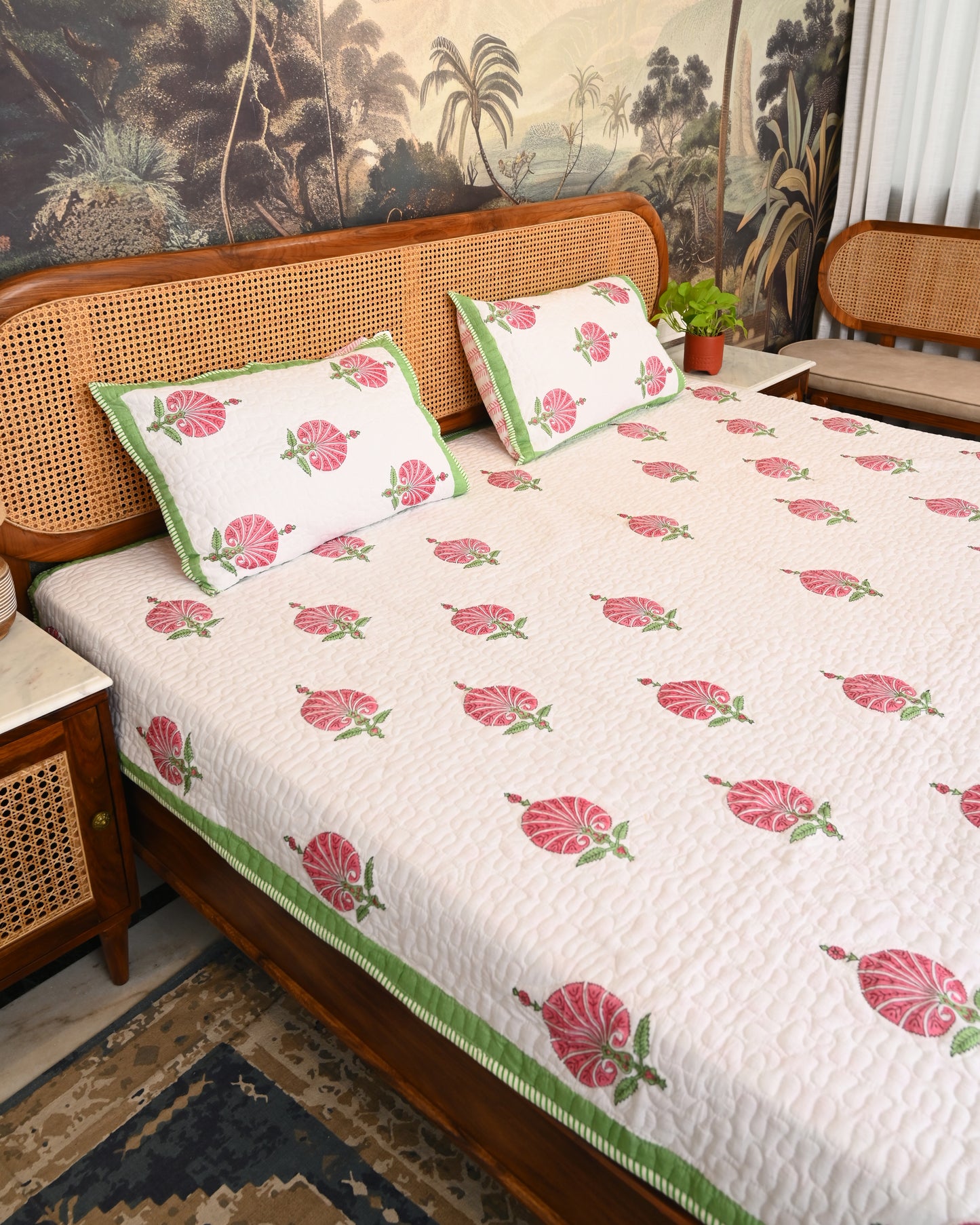 Oorja Hand Block Printed Quilted Bedcover Set