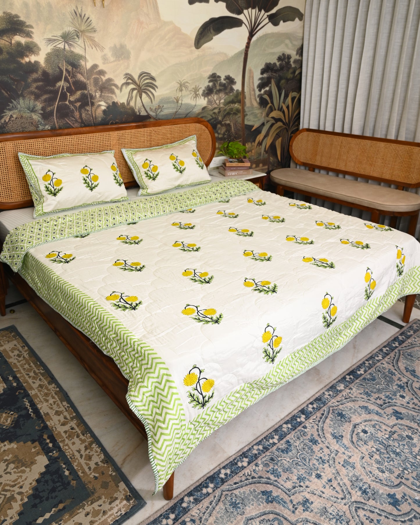 Neerja Hand Block Printed Quilted Bedcover Set
