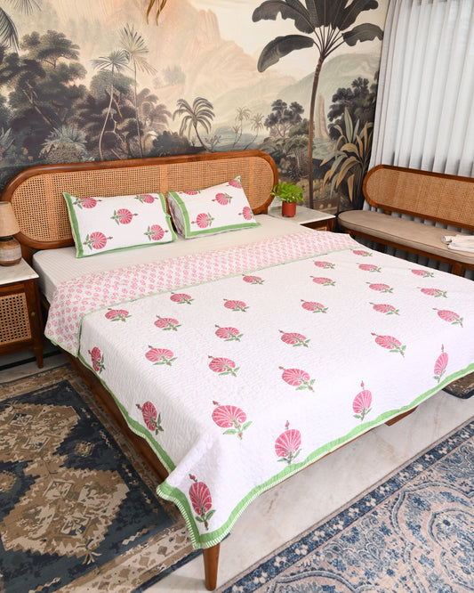 Oorja Hand Block Printed Quilted Bedcover Set