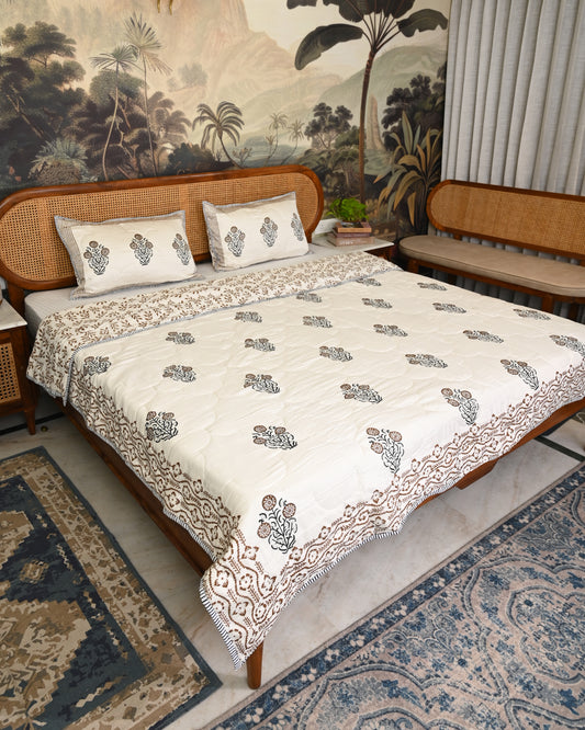 Bela Hand Block Printed Quilted Bedcover Set