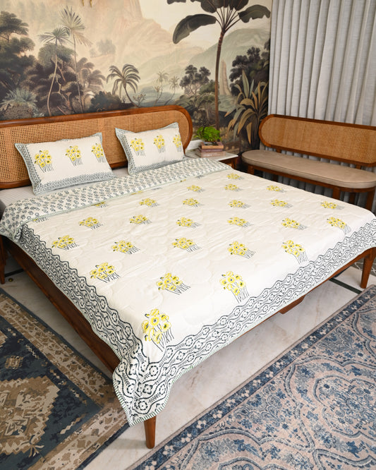 Vasant Hand Block Printed Quilted Bedcover Set